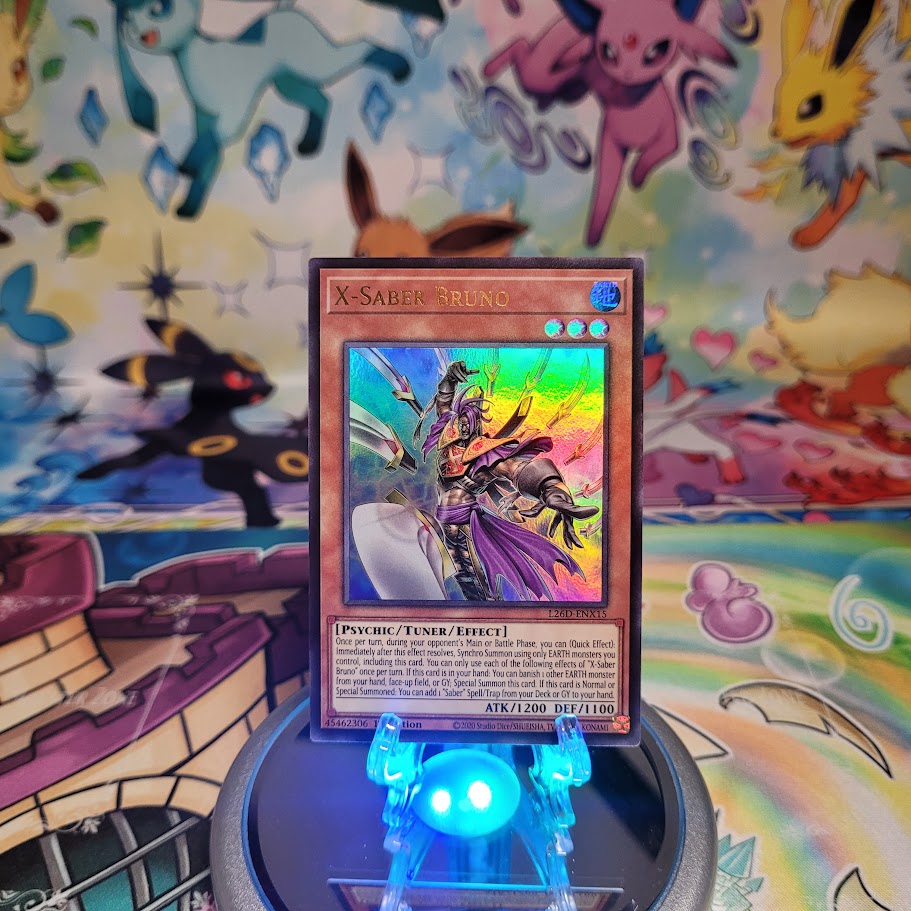 An Ultra Rare "X-Saber Bruno" card from the Yugioh Legendary Modern Decks (L26D).