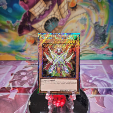 A Platinum Secret Rare "XX-Saber Emmersblade" card from the Yugioh Set: Quarter Century Stampede (RA04).
