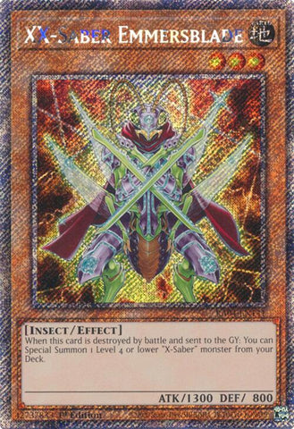 A Platinum Secret Rare "XX-Saber Emmersblade" card from the Yugioh Set: Quarter Century Stampede (RA04).