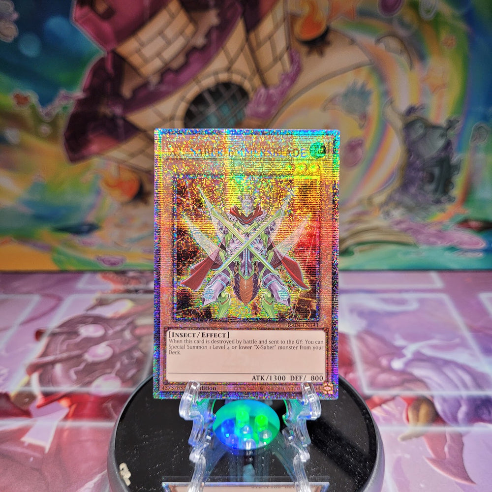 A Quarter Century Secret Rare "XX-Saber Emmersblade" card from the Yugioh Set: Quarter Century Stampede (RA04).