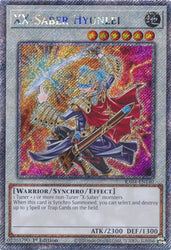 A Platinum Secret Rare "XX-Saber Hyunlei" card from the Yugioh Set: Quarter Century Stampede (RA04).