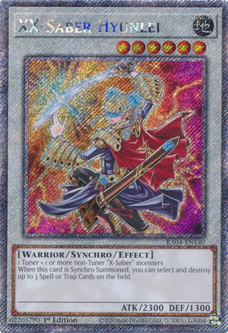 A Platinum Secret Rare "XX-Saber Hyunlei" card from the Yugioh Set: Quarter Century Stampede (RA04).