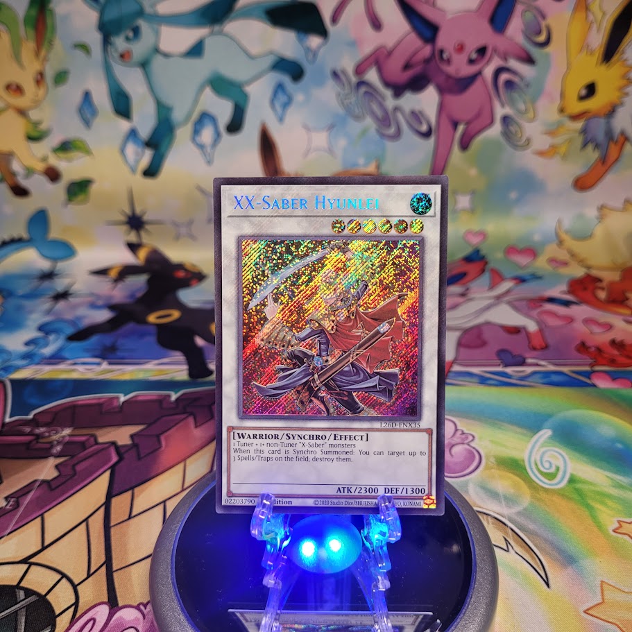 A Secret Rare "XX-Saber Hyunlei" card from the Yugioh Legendary Modern Decks (L26D).