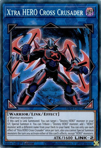 A Prismatic Collector's Rare "Xtra Hero Cross Crusader" card from the Yugioh Set: Quarter Century Stampede (RA04).