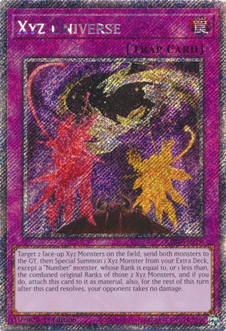 A Platinum Secret Rare "Xyz Universe" card from the Yugioh Set: Quarter Century Stampede (RA04).
