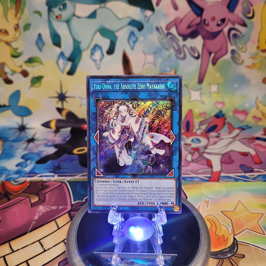 A Secret Rare "Yuki-Onna, the Absolute Zero Mayakashi" card from the Yugioh Set: Rarity Collection 5 (RA05).