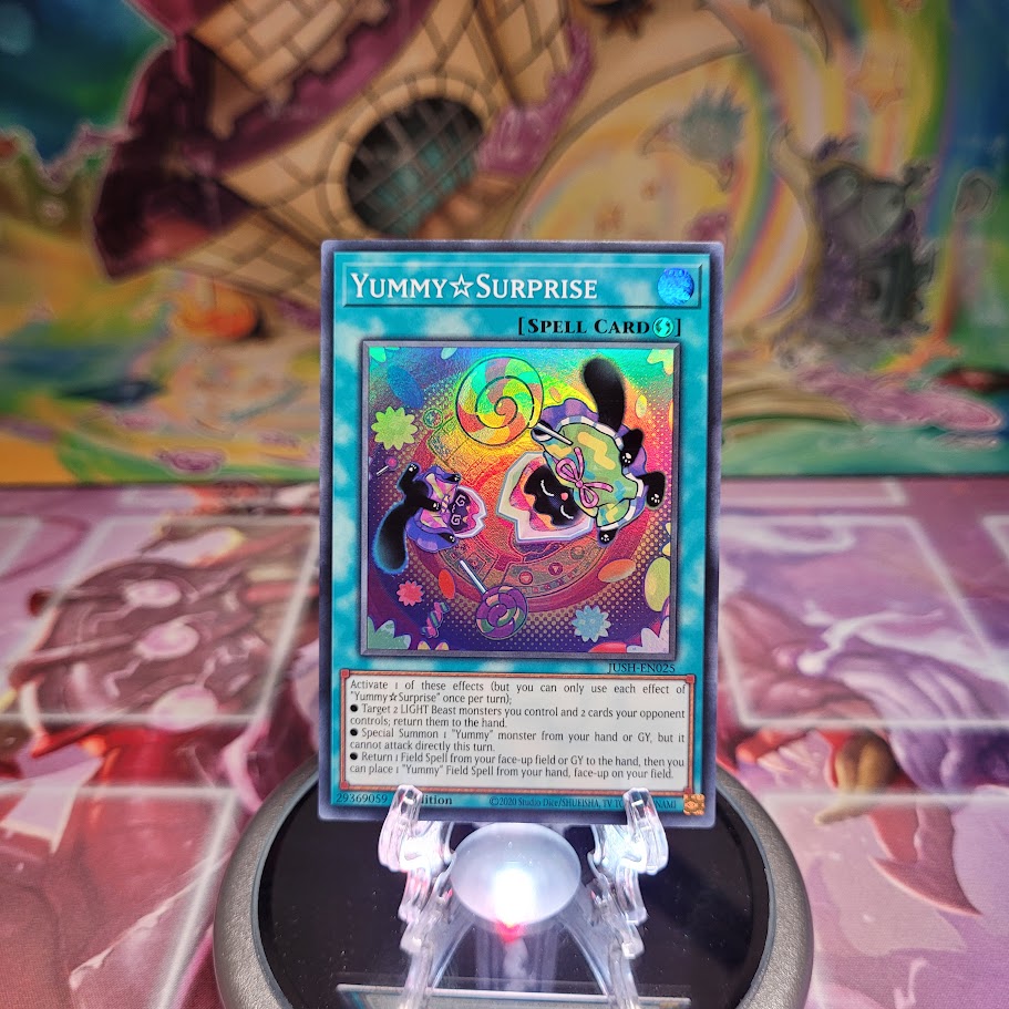 A Super Rare "YummySurprise" card from the Yugioh Set: Justice Hunters (JUSH).