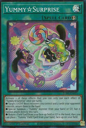 A Super Rare "YummySurprise" card from the Yugioh Set: Justice Hunters (JUSH).
