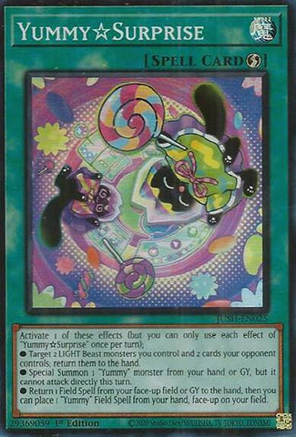 A Super Rare "YummySurprise" card from the Yugioh Set: Justice Hunters (JUSH).
