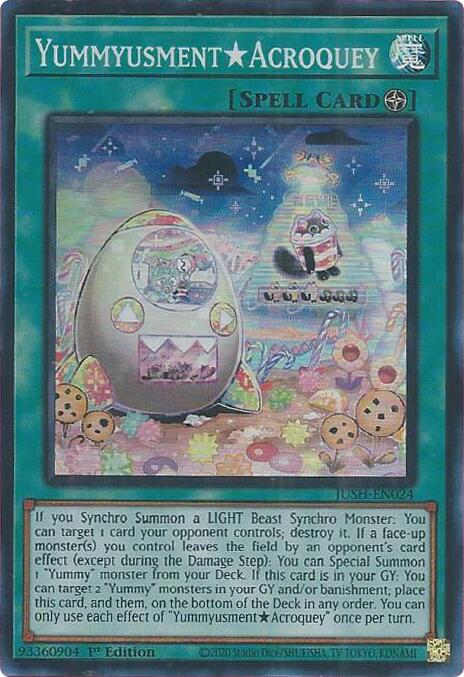 A Super Rare "Yummyusement acroquey" card from the Yugioh Set: Justice Hunters (JUSH).