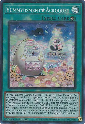 A Super Rare "Yummyusement acroquey" card from the Yugioh Set: Justice Hunters (JUSH).