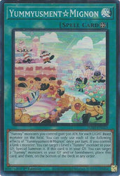 A Super Rare "Yummyusment Mignon" card from the Yugioh Set: Justice Hunters (JUSH).