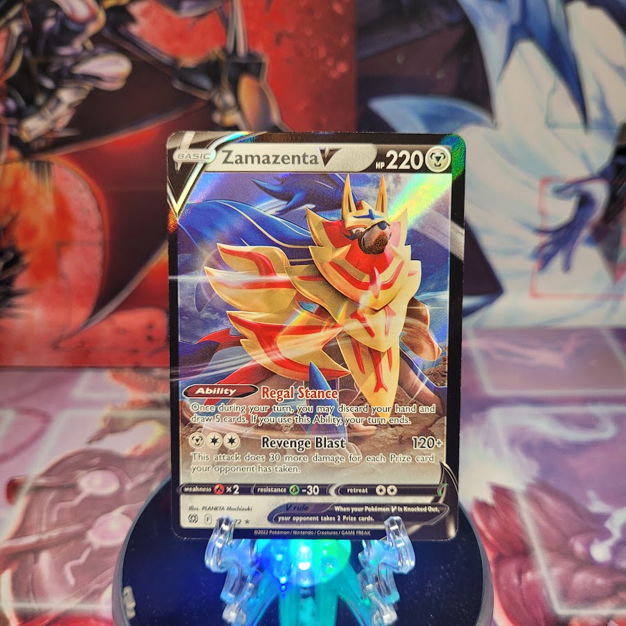An Ultra Rare "Zamazenta V" (105/172) card from the Pokemon Set: Brilliant Stars.