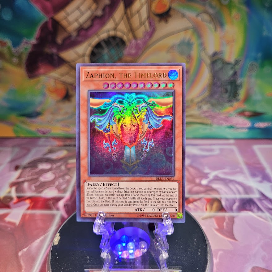 An Ultra Rare "Zaphion, the Timelord" card from the Yugioh Set: Battles of Legend: Lights Revenge (BLLR).