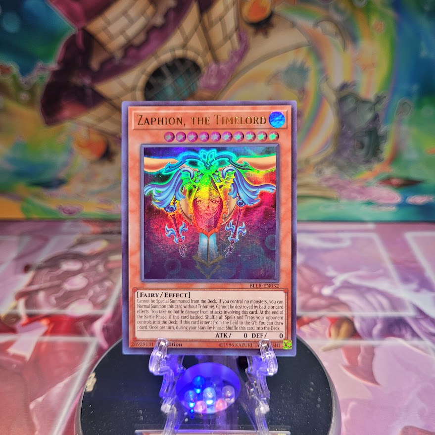 An Ultra Rare "Zaphion, the Timelord" card from the Yugioh Set: Battles of Legend: Relentless Revenge.