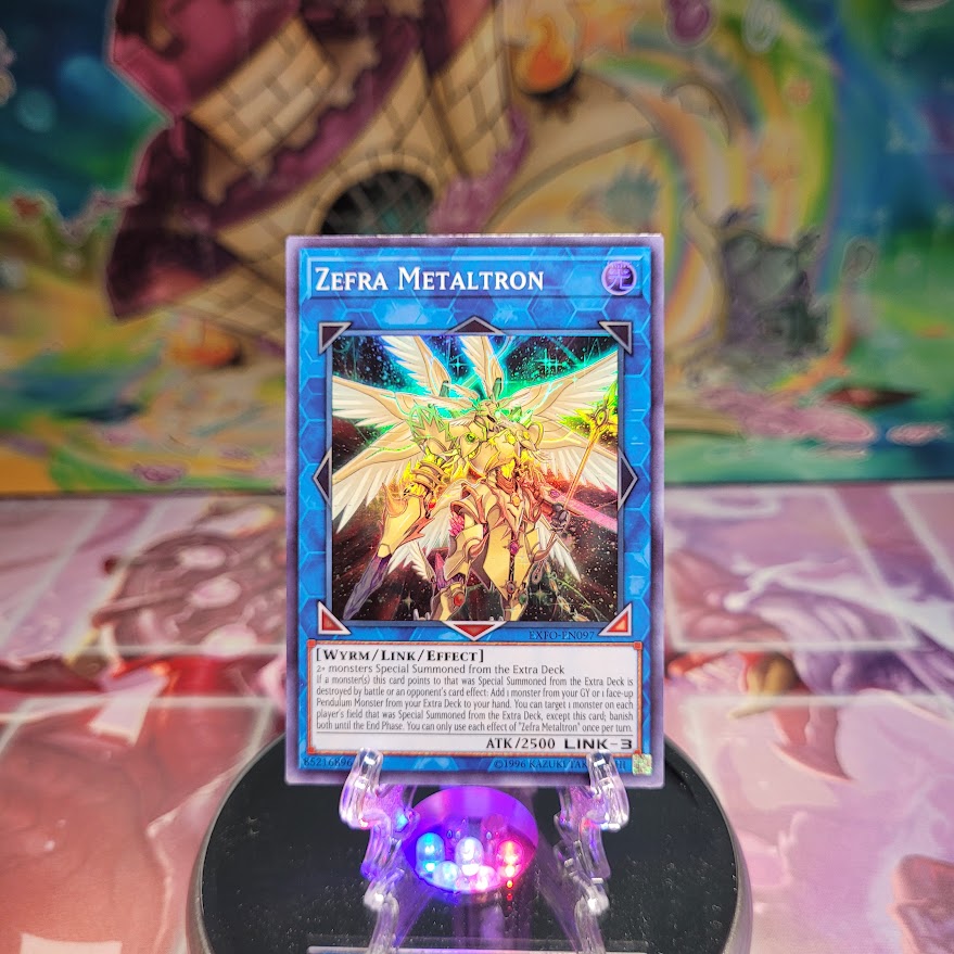 A Super Rare "Zefra Metaltron" card from the Yugioh Set: Extreme Force.