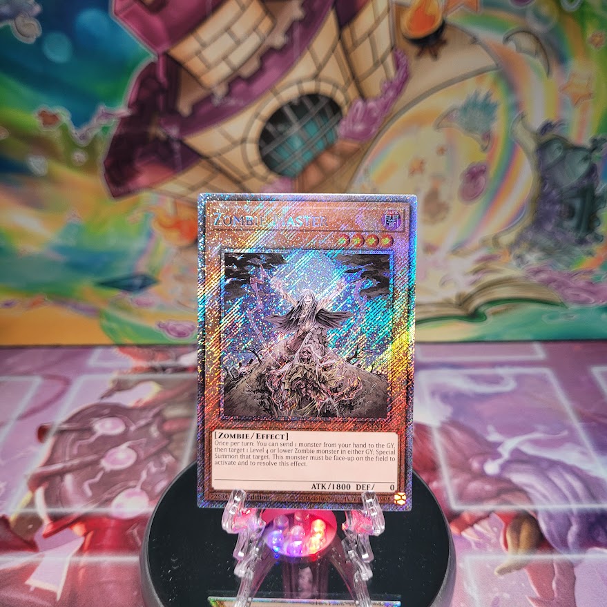 A Platinum Secret Rare "Zombie Master" card from the Yugioh Set: Quarter Century Bonanza (RA03)