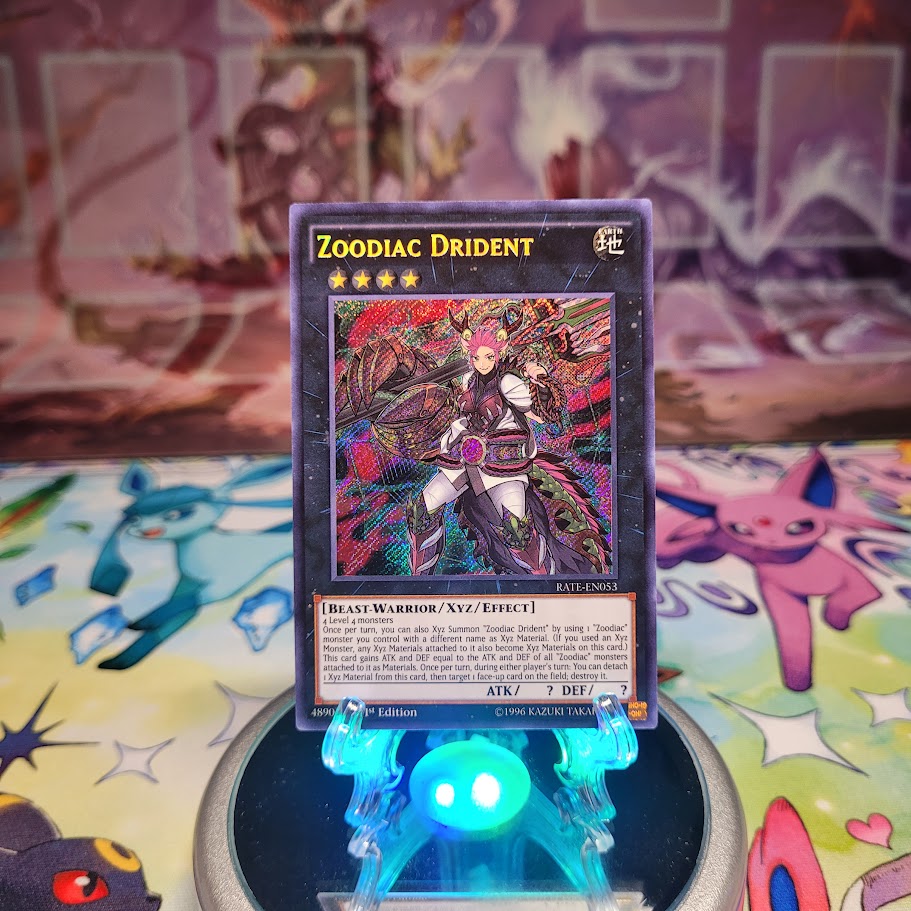 A Secret Rare "Zoodiac Drident" card from the Yugioh Set: Raging Tempest (RATE).