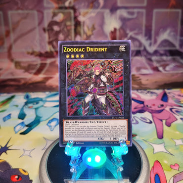 A Secret Rare "Zoodiac Drident" card from the Yugioh Set: Raging Tempest (RATE).