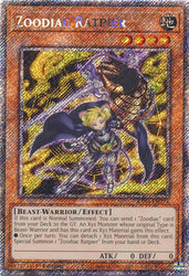 A Platinum Secret Rare "Zoodiac Ratpier" card from the Yugioh Set: Quarter Century Stampede (RA04).