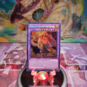 A Secret Rare "Zoroa, the Magistus Verethragna" card from the Yugioh Set: Battles of Legend: Monster Mayhem (BLMM).