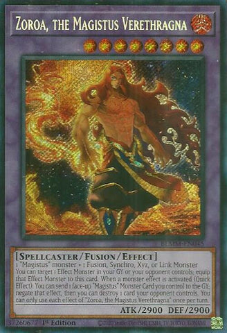 A Secret Rare "Zoroa, the Magistus Verethragna" card from the Yugioh Set: Battles of Legend: Monster Mayhem (BLMM).