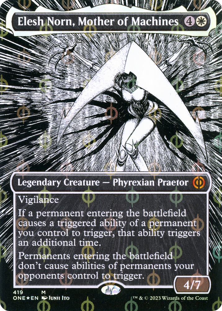 Elesh Norn, Mother of Machines (Borderless Manga Step-and-Compleat Foil) [Phyrexia: All Will Be One] Magic: The Gathering