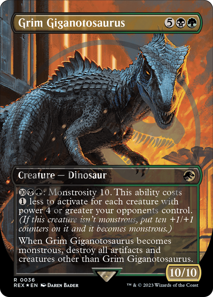 Grim Giganotosaurus (Emblem) (Borderless) [Jurassic World Collection Tokens] Magic: The Gathering