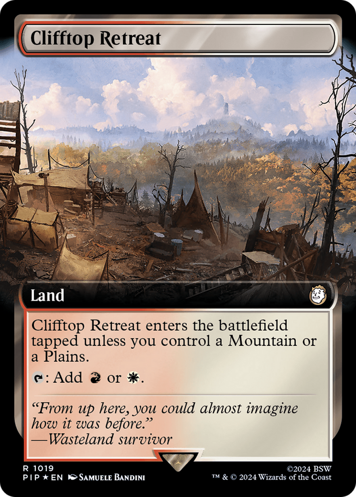 Clifftop Retreat (Extended Art) (Surge Foil) [Fallout] Magic: The Gathering