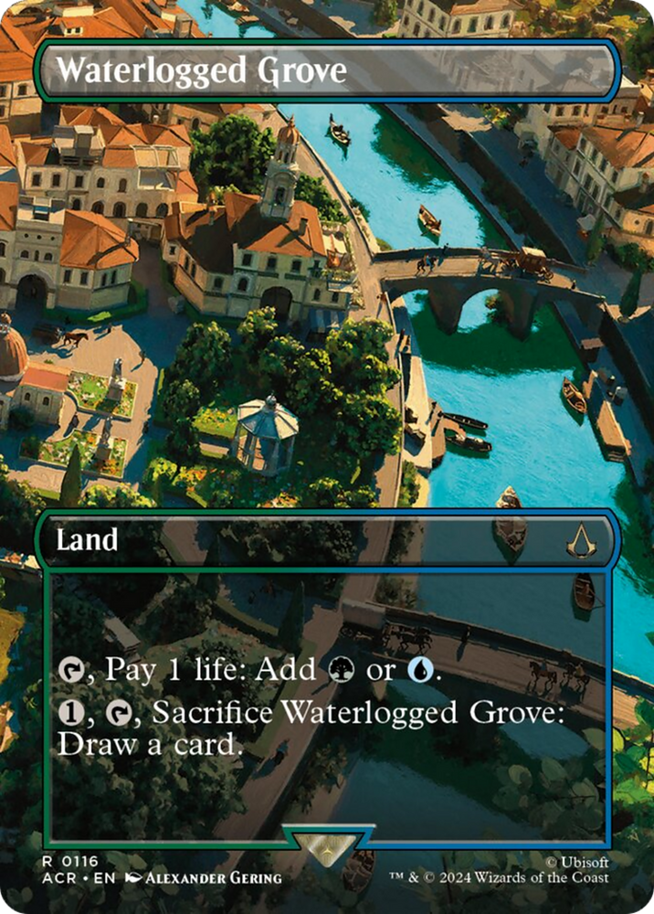Waterlogged Grove (Borderless) [Assassin's Creed] Magic: The Gathering