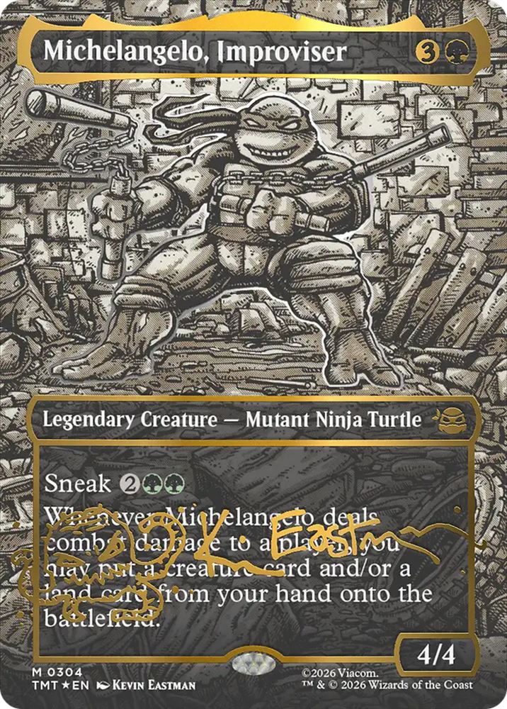Michelangelo, Improviser (Borderless) (Gold-Stamped Signature) [Teenage Mutant Ninja Turtles] Magic: The Gathering