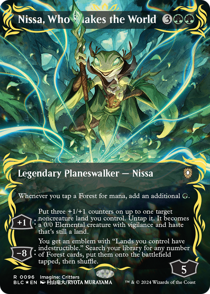 Nissa, Who Shakes the World (Borderless) (Raised Foil) [Bloomburrow Commander] Magic: The Gathering