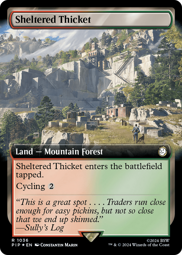 Sheltered Thicket (Extended Art) (Surge Foil) [Fallout] Magic: The Gathering
