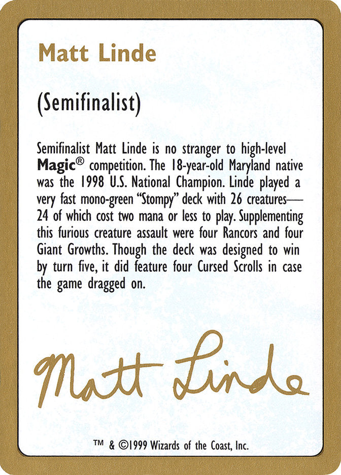 Matt Linde Bio [World Championship Decks 1999] Magic: The Gathering