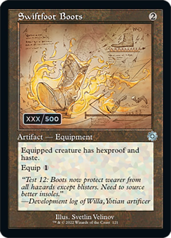 Swiftfoot Boots (Retro Schematic) (Serialized) [The Brothers' War Retro Artifacts] Magic: The Gathering