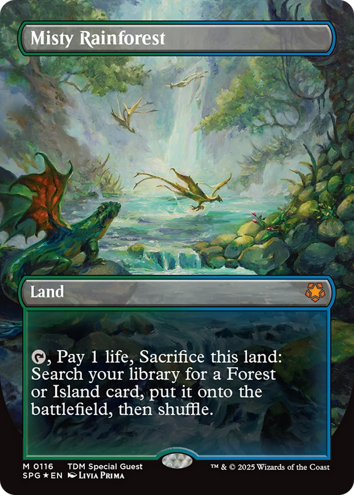 Misty Rainforest (Borderless) (Dragonscale Foil) [Tarkir: Dragonstorm Special Guests] Magic: The Gathering