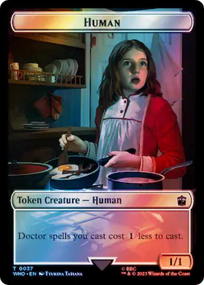 Human (0037) // Dinosaur Double-Sided Token (Surge Foil) [Doctor Who Tokens] Magic: The Gathering