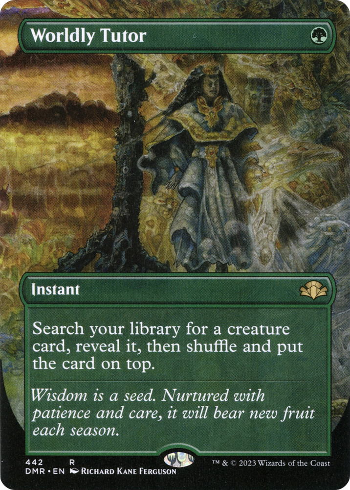 Worldly Tutor (Borderless Alternate Art) [Dominaria Remastered] Magic: The Gathering