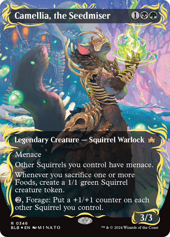 Camellia, the Seedmiser (Borderless) (Raised Foil) [Bloomburrow] Magic: The Gathering