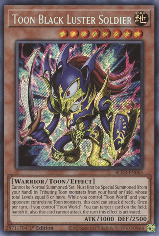 A Secret Rare "Toon Black Luster Soldier" card from the Yugioh Set: Battles of Legend: Crystal Revenge (BLCR).