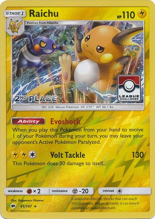 Raichu (41/147) (League Promo 2nd Place) [Sun & Moon: Burning Shadows] Pokémon