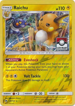 Raichu (41/147) (League Promo 1st Place) [Sun & Moon: Burning Shadows] Pokémon