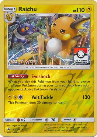 Raichu (41/147) (League Promo 4th Place) [Sun & Moon: Burning Shadows] Pokémon