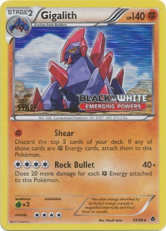 Gigalith (53/98) (Staff Prerelease Promo) [Black & White: Black Star Promos] Pokémon