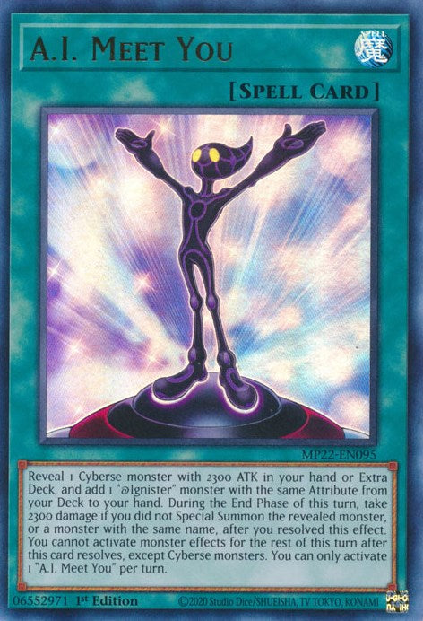 An Ultra Rare "A.I. Meet You" card from the Yugioh 2022 Tin of the Pharaoh's Gods Set (MP22).