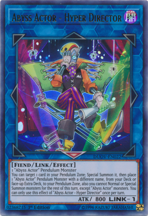  An Ultra Rare "Abyss Actor - Hyper Director" card from the Yugioh Set: Lightning Overdrive.