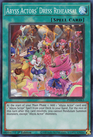 A Super Rare "Abyss Actors' Dress Rehearsal" card from the Yugioh Set: Photon Hypernova (PHHY).
