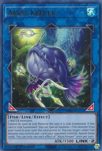 An Ultra Rare "Abyss Keeper" card from the Yugioh 2022 Tin of the Pharaoh's Gods Set (MP22).