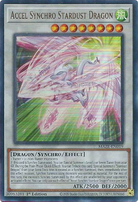 An Ultra Rare "Accel Synchro Stardust Dragon" card from the Yugioh Set: Maze of Memories (MAZE).