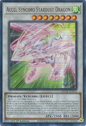 An Ultra Rare "Accel Synchro Stardust Dragon" card from the Yugioh Set: Maze of Memories (MAZE).
